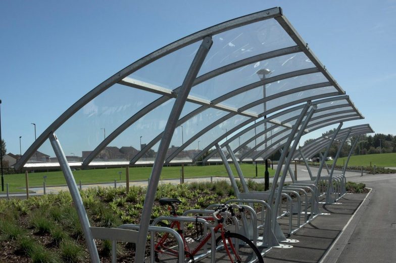 close up of office bike shelter and toast rack