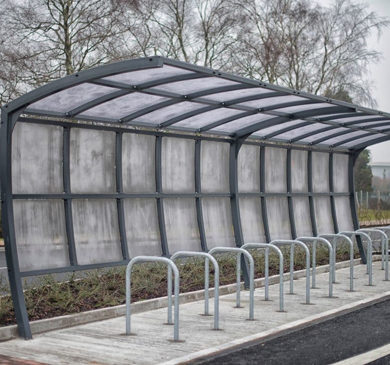 overhang bicycle shelter with black powder coasting frame